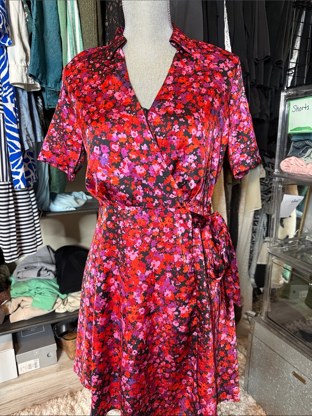Vince Camuto Red and Pink Floral Wrap Dress